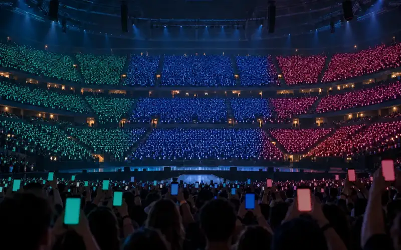 Público en un estadio: las zonas de teléfonos se encienden por color, una a la vez, y luego todas juntas