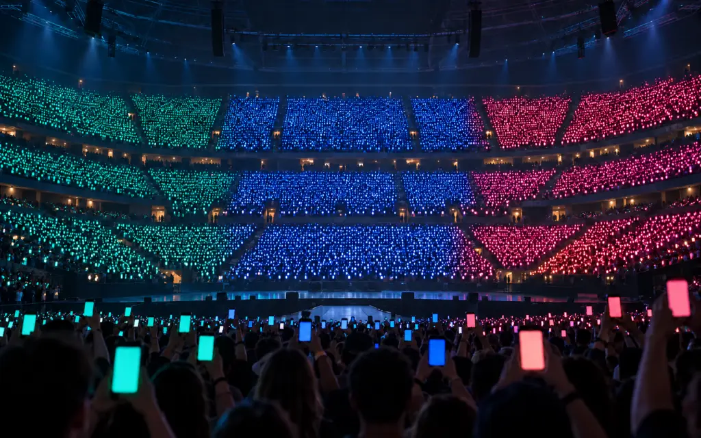 Público en un estadio con los teléfonos encendidos formando una sola pantalla de color